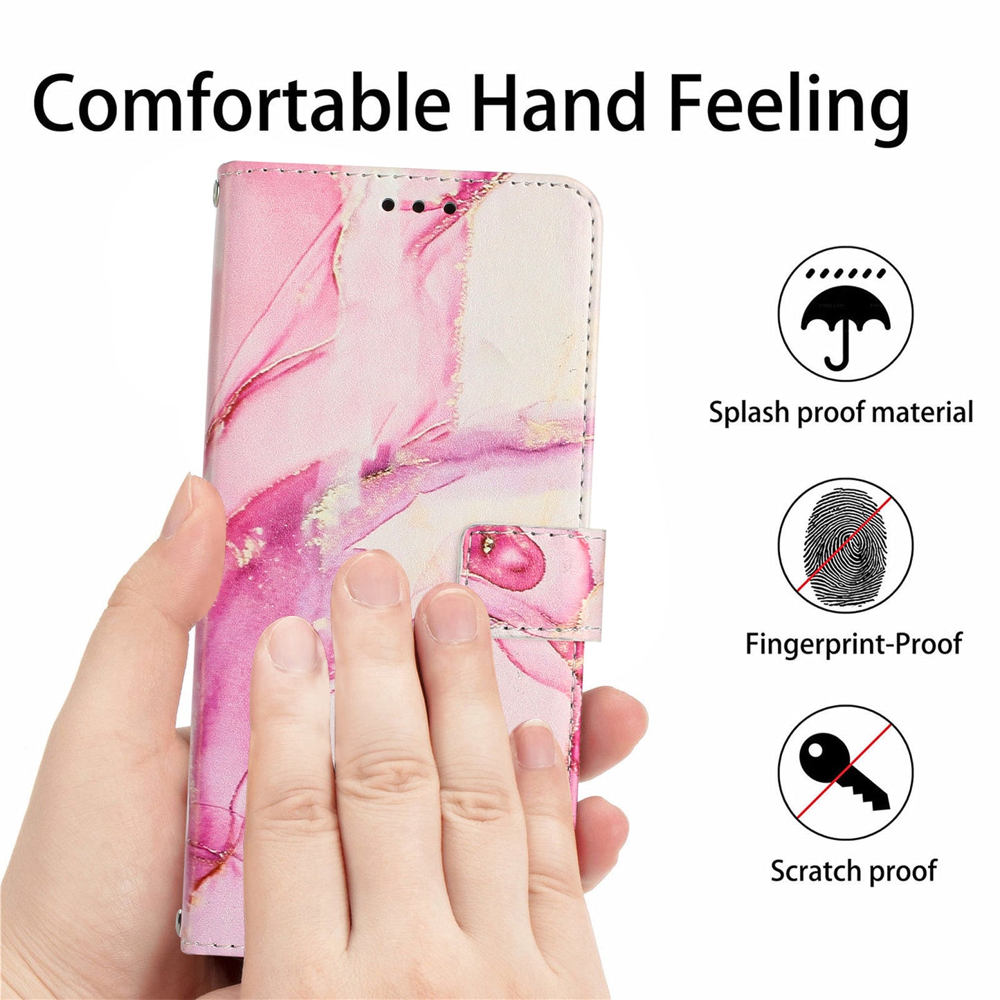 Uniqkart for Realme C55 PU Leather Marble Pattern Case Wallet Stand Flip Phone Cover with Wrist Strap - Rose Gold