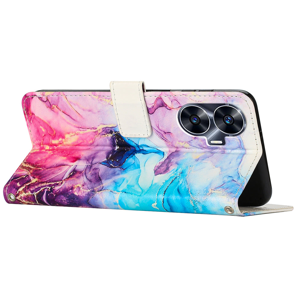 Uniqkart for Realme C55 PU Leather Marble Pattern Case Wallet Stand Flip Phone Cover with Wrist Strap - Pink / Purple