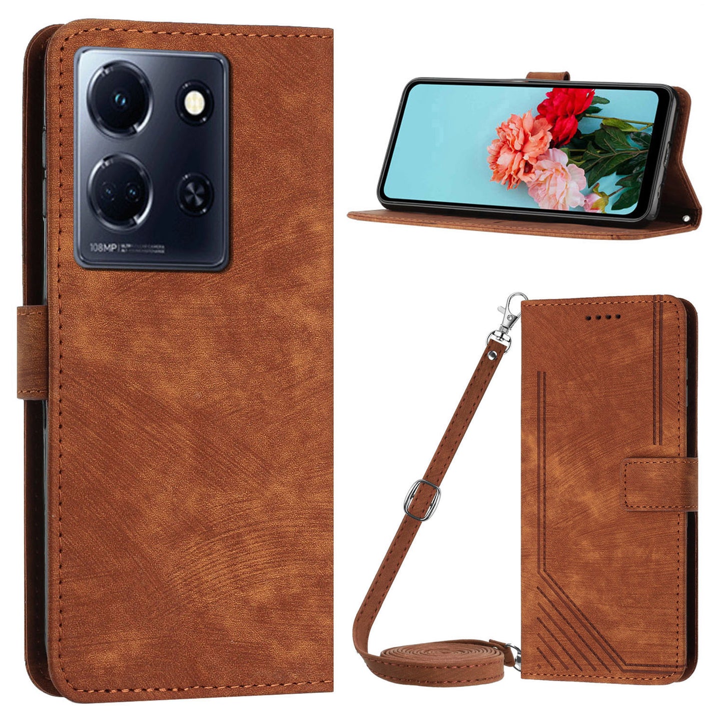 Uniqkart for Infinix Note 30 4G / Note 30 5G Phone Leather Case Lines Imprinted Stand Wallet Phone Cover with Shoulder Strap - Brown