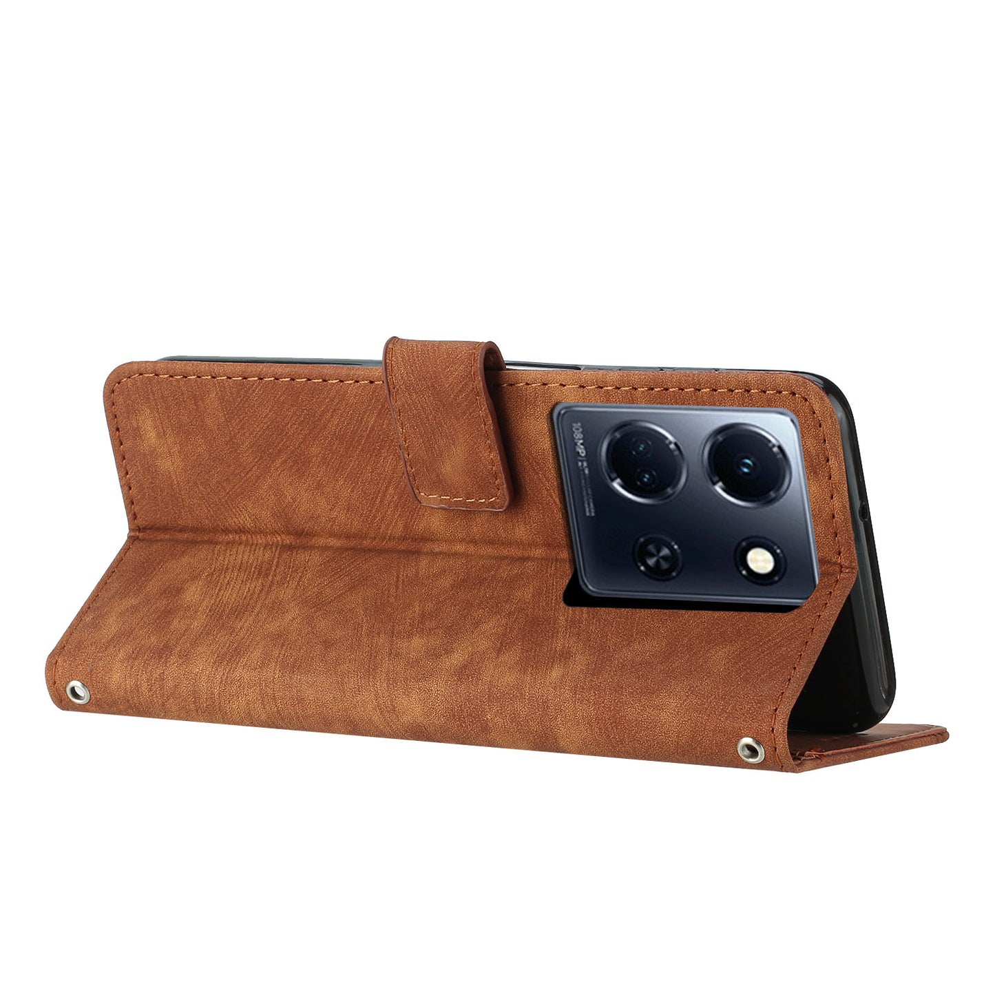 Uniqkart for Infinix Note 30 4G / Note 30 5G Phone Leather Case Lines Imprinted Stand Wallet Phone Cover with Shoulder Strap - Brown