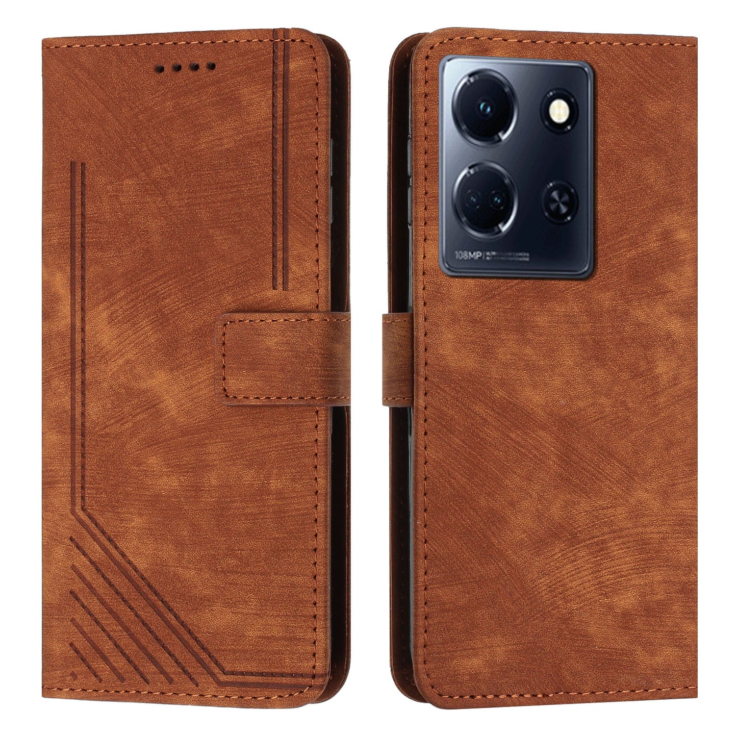 Uniqkart for Infinix Note 30 4G / Note 30 5G Phone Leather Case Lines Imprinted Stand Wallet Phone Cover with Shoulder Strap - Brown