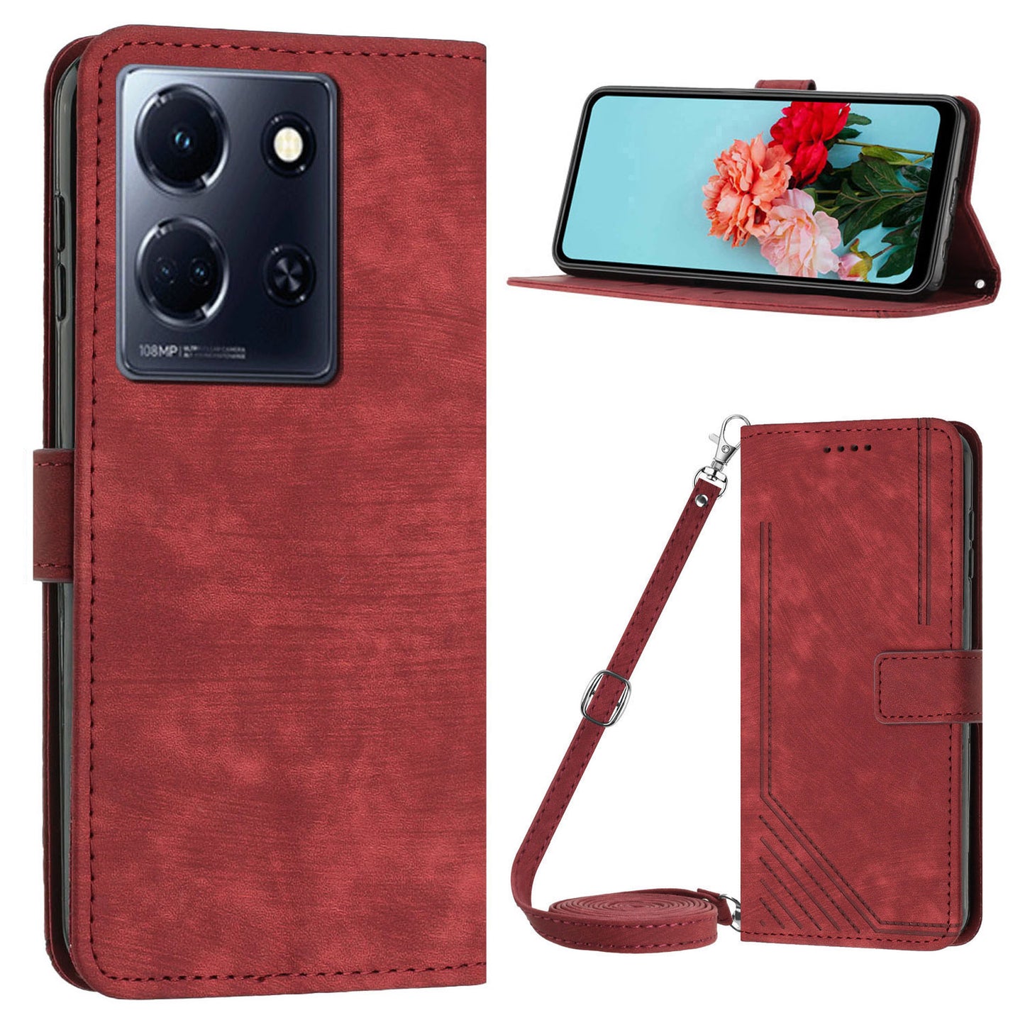 Uniqkart for Infinix Note 30 4G / Note 30 5G Phone Leather Case Lines Imprinted Stand Wallet Phone Cover with Shoulder Strap - Red