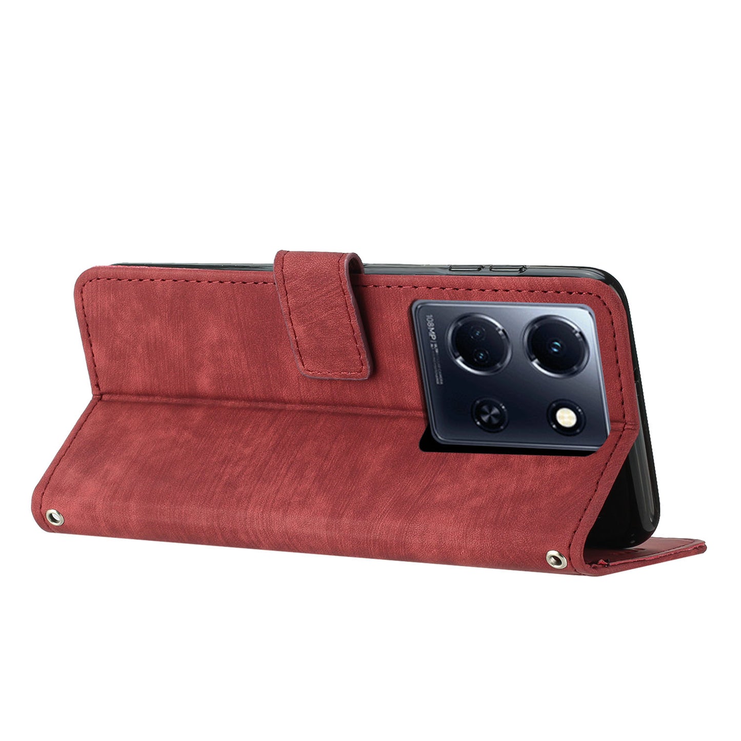 Uniqkart for Infinix Note 30 4G / Note 30 5G Phone Leather Case Lines Imprinted Stand Wallet Phone Cover with Shoulder Strap - Red