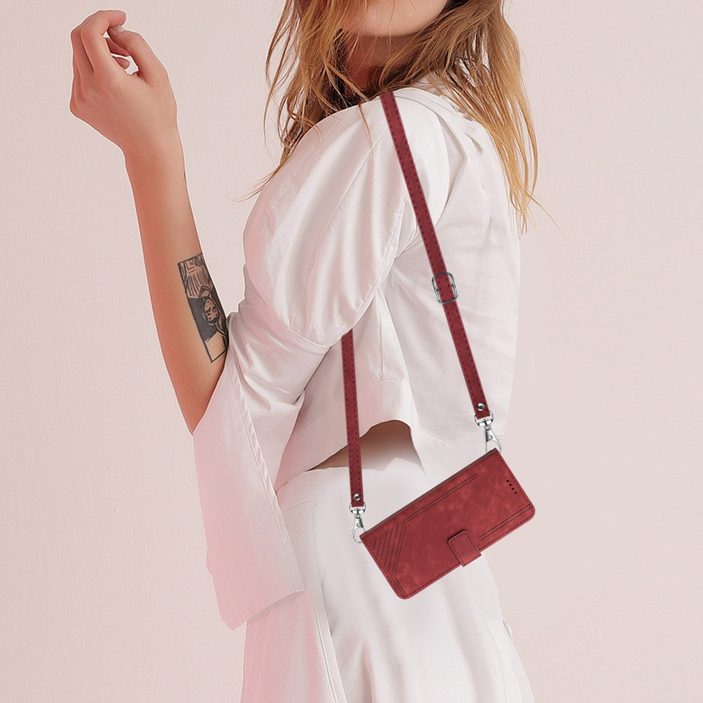 Uniqkart for Infinix Note 30 4G / Note 30 5G Phone Leather Case Lines Imprinted Stand Wallet Phone Cover with Shoulder Strap - Red