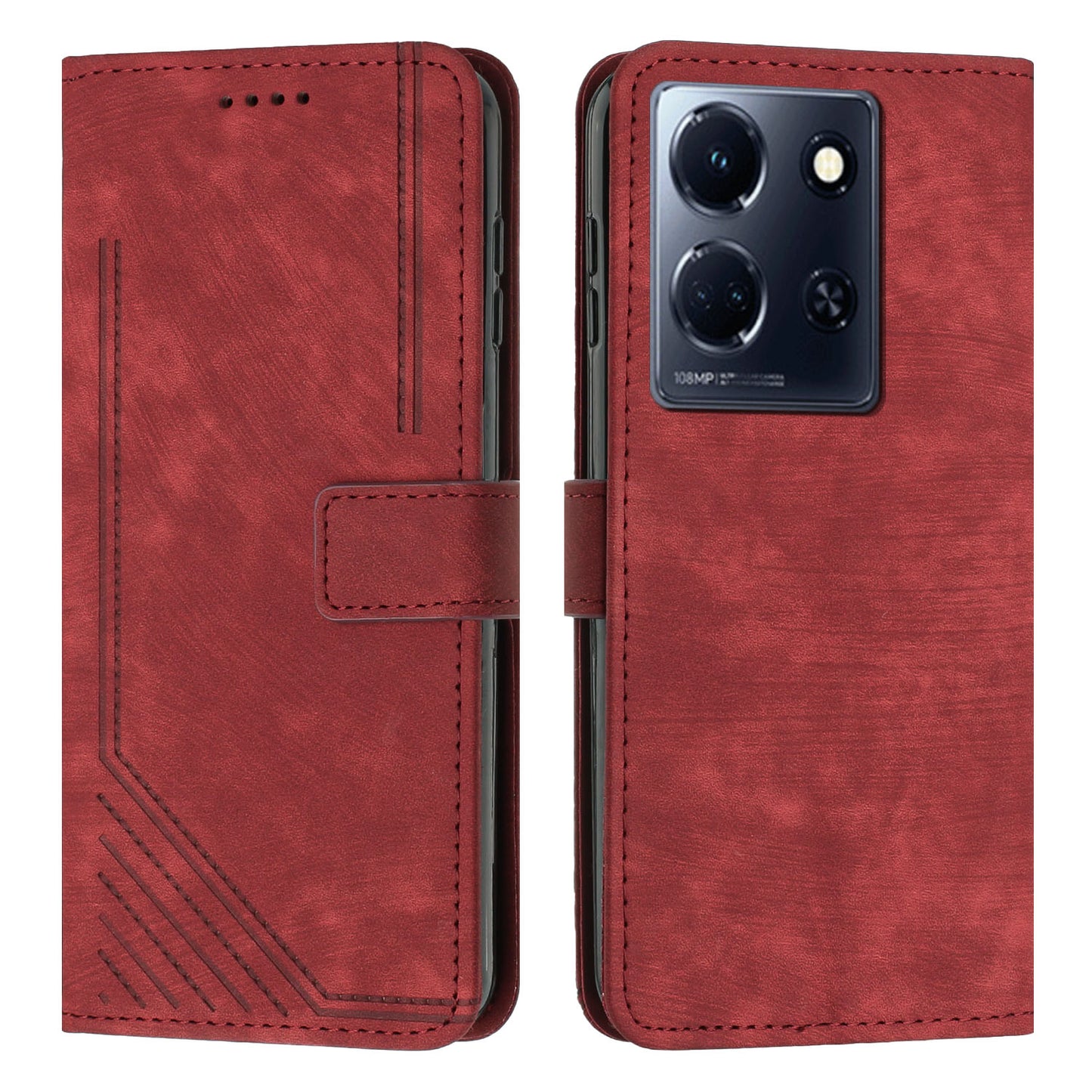 Uniqkart for Infinix Note 30 4G / Note 30 5G Phone Leather Case Lines Imprinted Stand Wallet Phone Cover with Shoulder Strap - Red