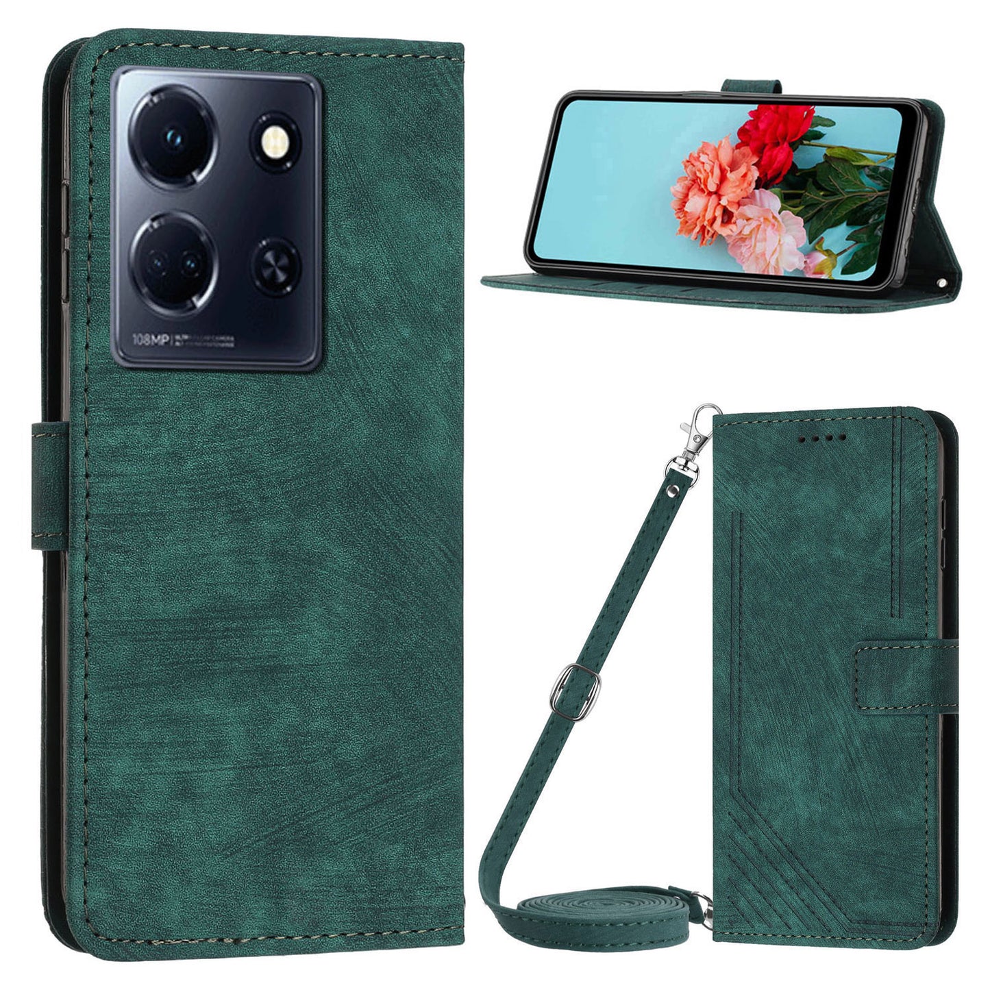 Uniqkart for Infinix Note 30 4G / Note 30 5G Phone Leather Case Lines Imprinted Stand Wallet Phone Cover with Shoulder Strap - Green