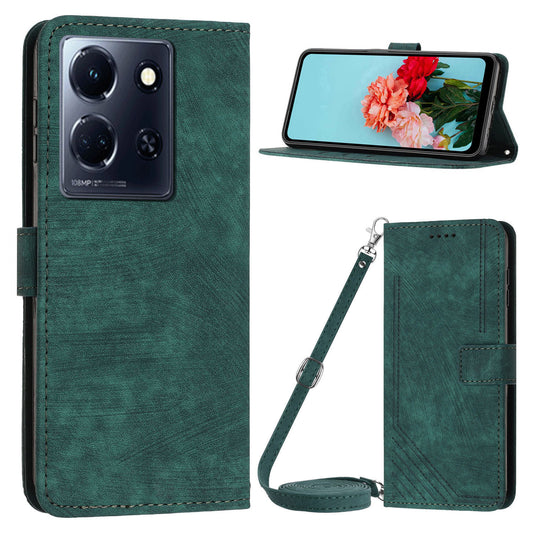 Uniqkart for Infinix Note 30 4G / Note 30 5G Phone Leather Case Lines Imprinted Stand Wallet Phone Cover with Shoulder Strap - Green