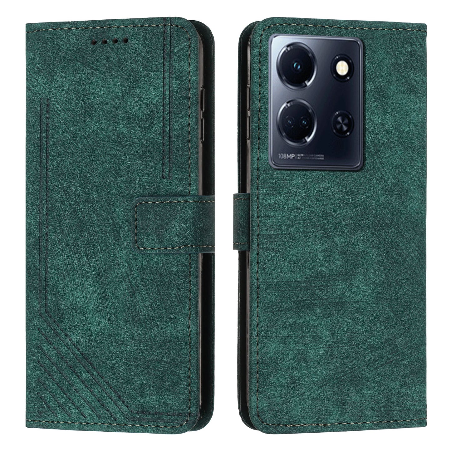 Uniqkart for Infinix Note 30 4G / Note 30 5G Phone Leather Case Lines Imprinted Stand Wallet Phone Cover with Shoulder Strap - Green