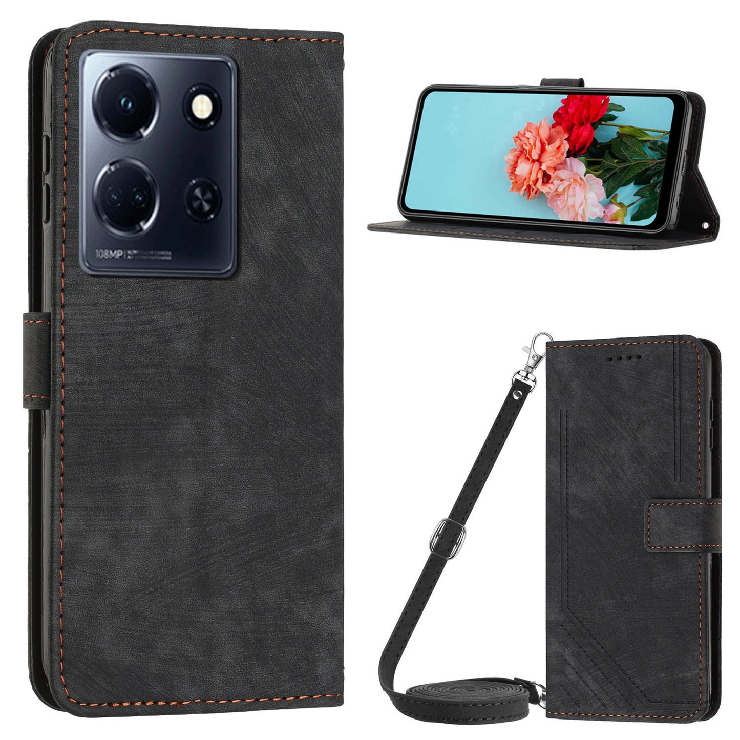 Uniqkart for Infinix Note 30 4G / Note 30 5G Phone Leather Case Lines Imprinted Stand Wallet Phone Cover with Shoulder Strap - Black