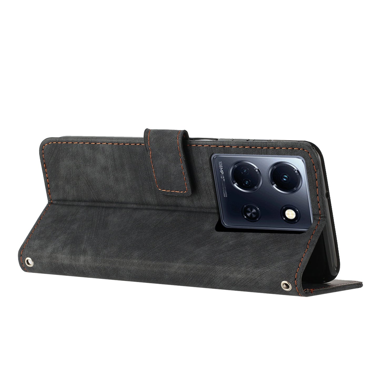 Uniqkart for Infinix Note 30 4G / Note 30 5G Phone Leather Case Lines Imprinted Stand Wallet Phone Cover with Shoulder Strap - Black