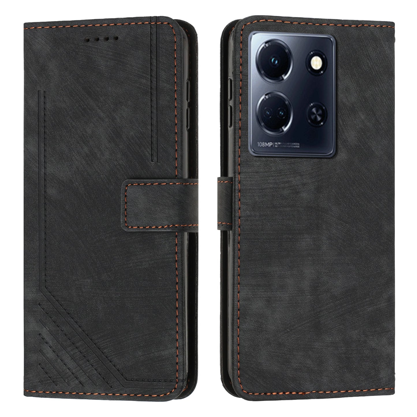 Uniqkart for Infinix Note 30 4G / Note 30 5G Phone Leather Case Lines Imprinted Stand Wallet Phone Cover with Shoulder Strap - Black
