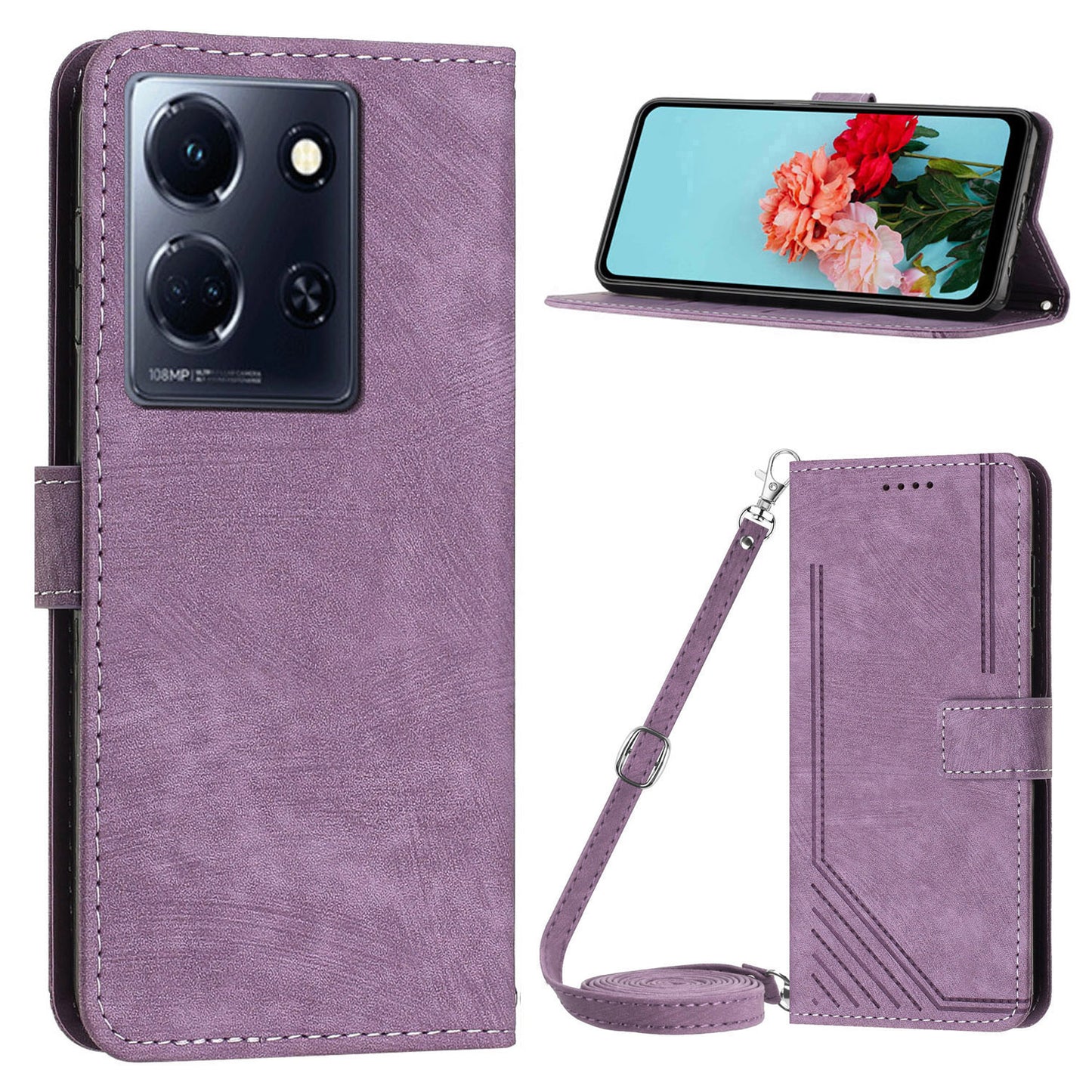Uniqkart for Infinix Note 30 4G / Note 30 5G Phone Leather Case Lines Imprinted Stand Wallet Phone Cover with Shoulder Strap - Purple