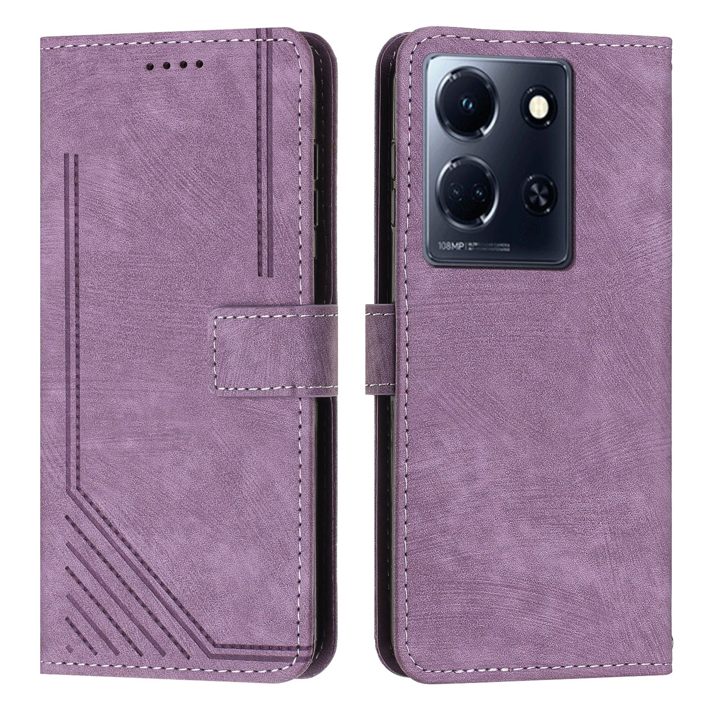 Uniqkart for Infinix Note 30 4G / Note 30 5G Phone Leather Case Lines Imprinted Stand Wallet Phone Cover with Shoulder Strap - Purple