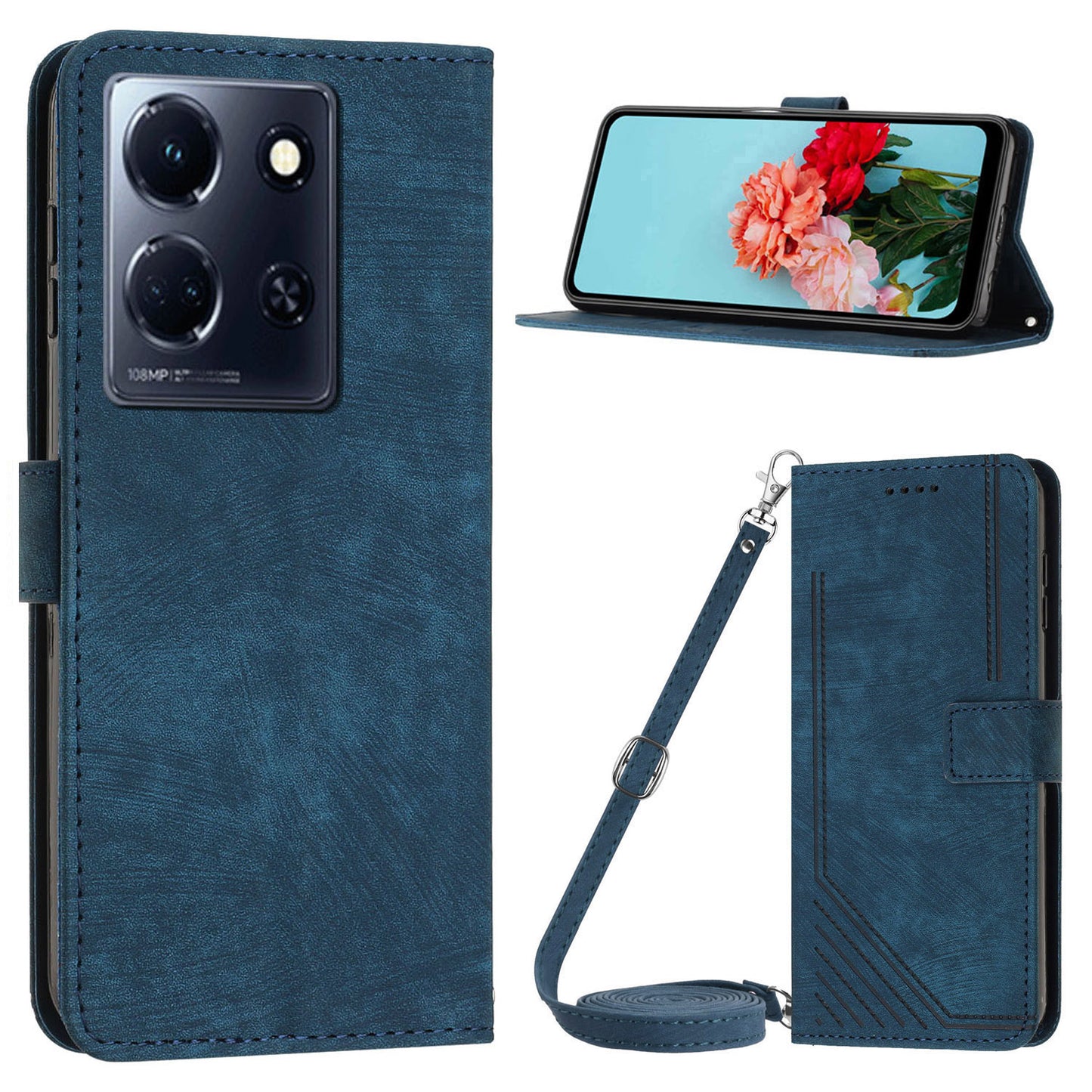 Uniqkart for Infinix Note 30 4G / Note 30 5G Phone Leather Case Lines Imprinted Stand Wallet Phone Cover with Shoulder Strap - Sapphire