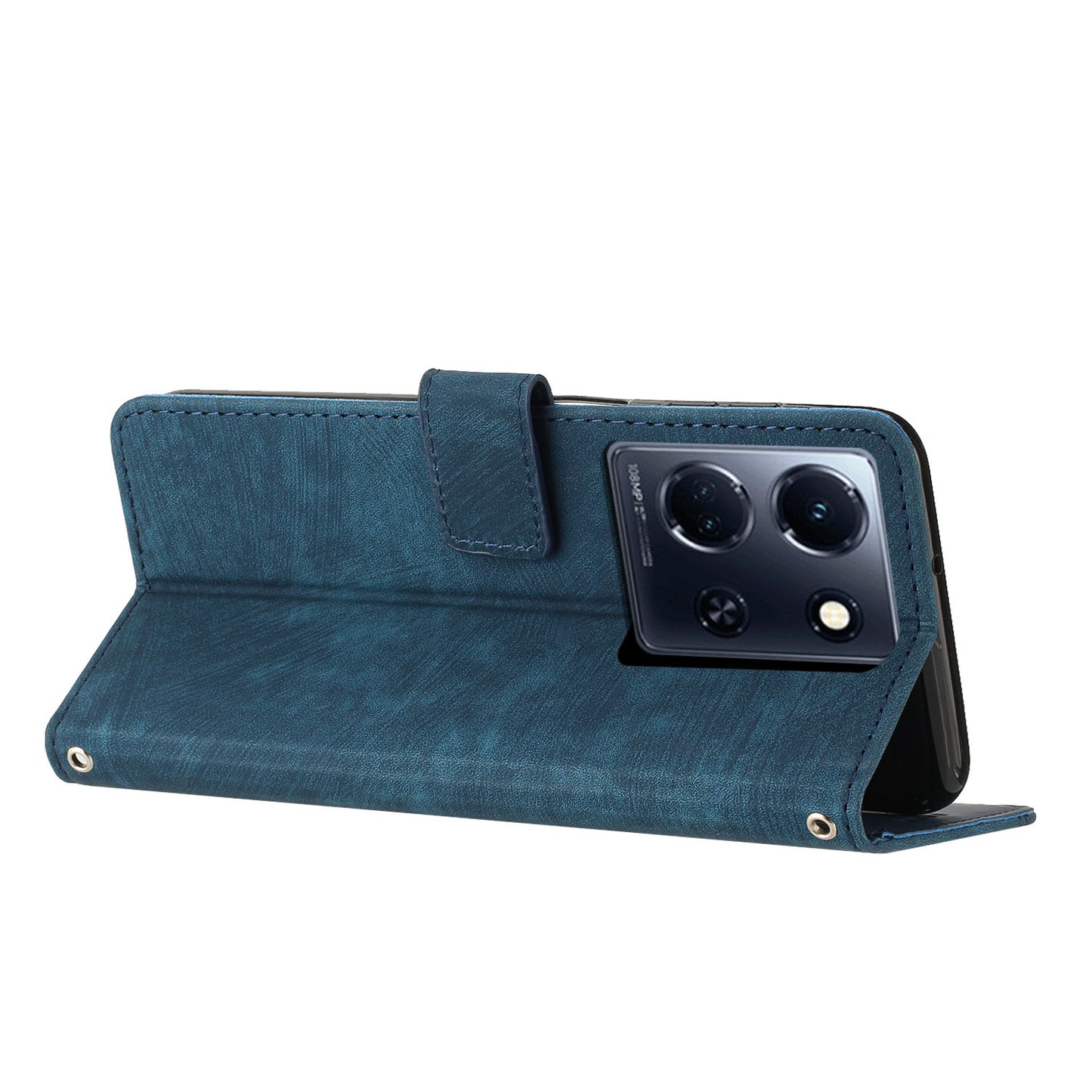 Uniqkart for Infinix Note 30 4G / Note 30 5G Phone Leather Case Lines Imprinted Stand Wallet Phone Cover with Shoulder Strap - Sapphire