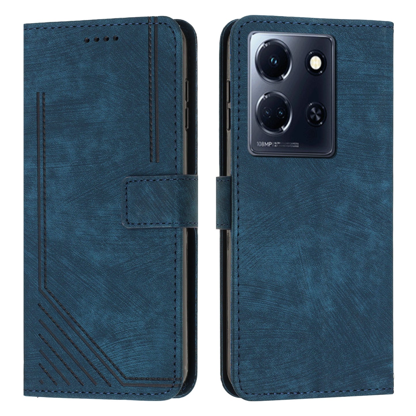 Uniqkart for Infinix Note 30 4G / Note 30 5G Phone Leather Case Lines Imprinted Stand Wallet Phone Cover with Shoulder Strap - Sapphire