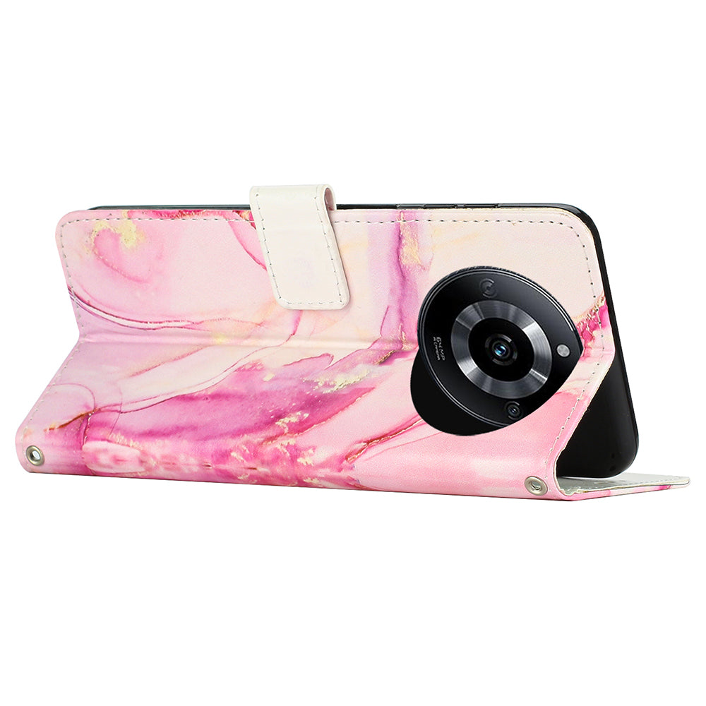 Marble Pattern Leather Cover for Realme 11 5G , Flip Stand Wallet Phone Case with Wrist Strap - Rose Gold
