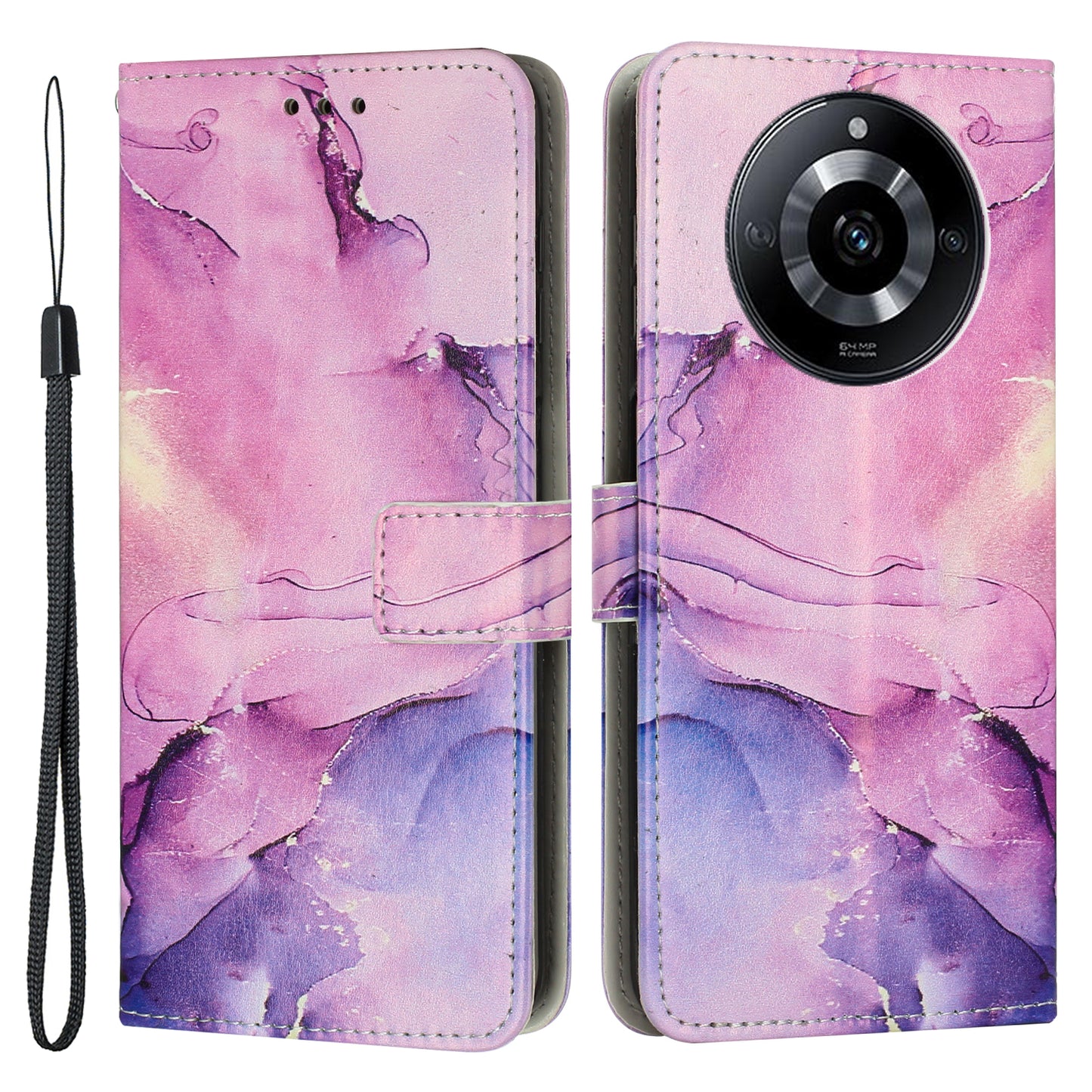 Marble Pattern Leather Cover for Realme 11 5G , Flip Stand Wallet Phone Case with Wrist Strap - Purple