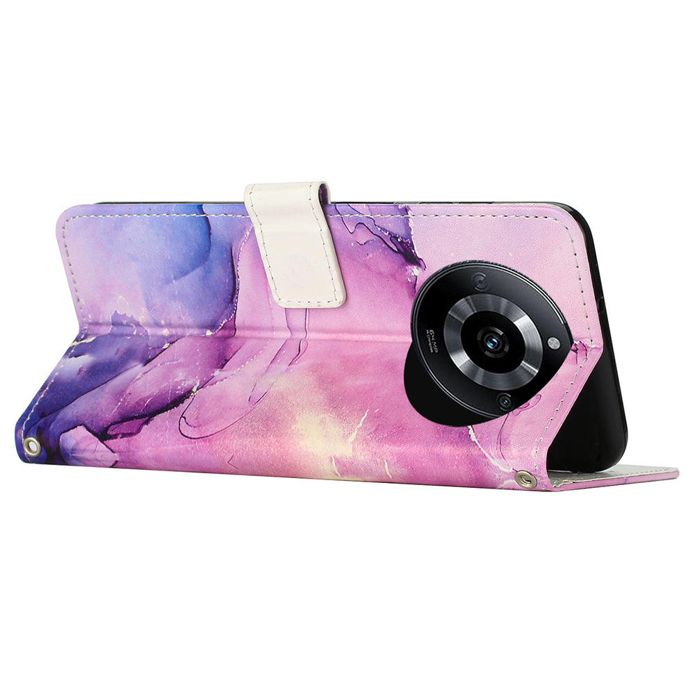 Marble Pattern Leather Cover for Realme 11 5G , Flip Stand Wallet Phone Case with Wrist Strap - Purple