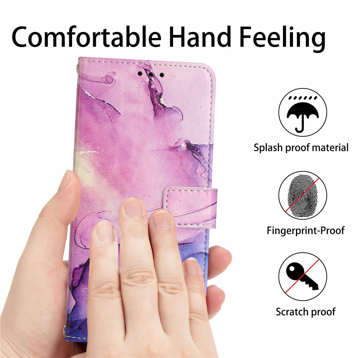 Marble Pattern Leather Cover for Realme 11 5G , Flip Stand Wallet Phone Case with Wrist Strap - Purple