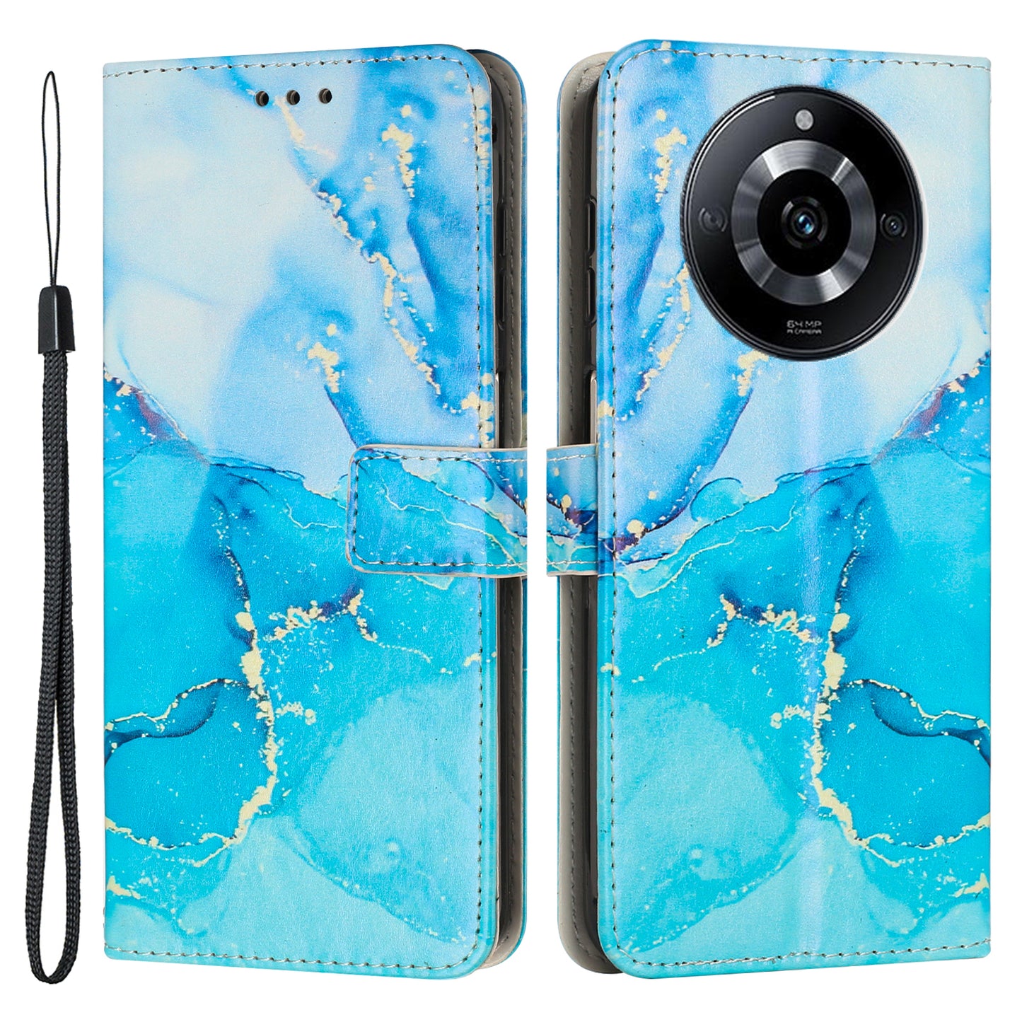Marble Pattern Leather Cover for Realme 11 5G , Flip Stand Wallet Phone Case with Wrist Strap - Blue / Green