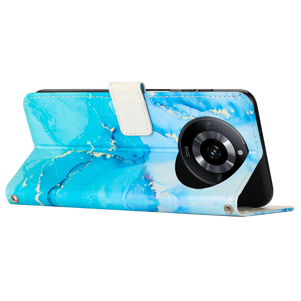 Marble Pattern Leather Cover for Realme 11 5G , Flip Stand Wallet Phone Case with Wrist Strap - Blue / Green