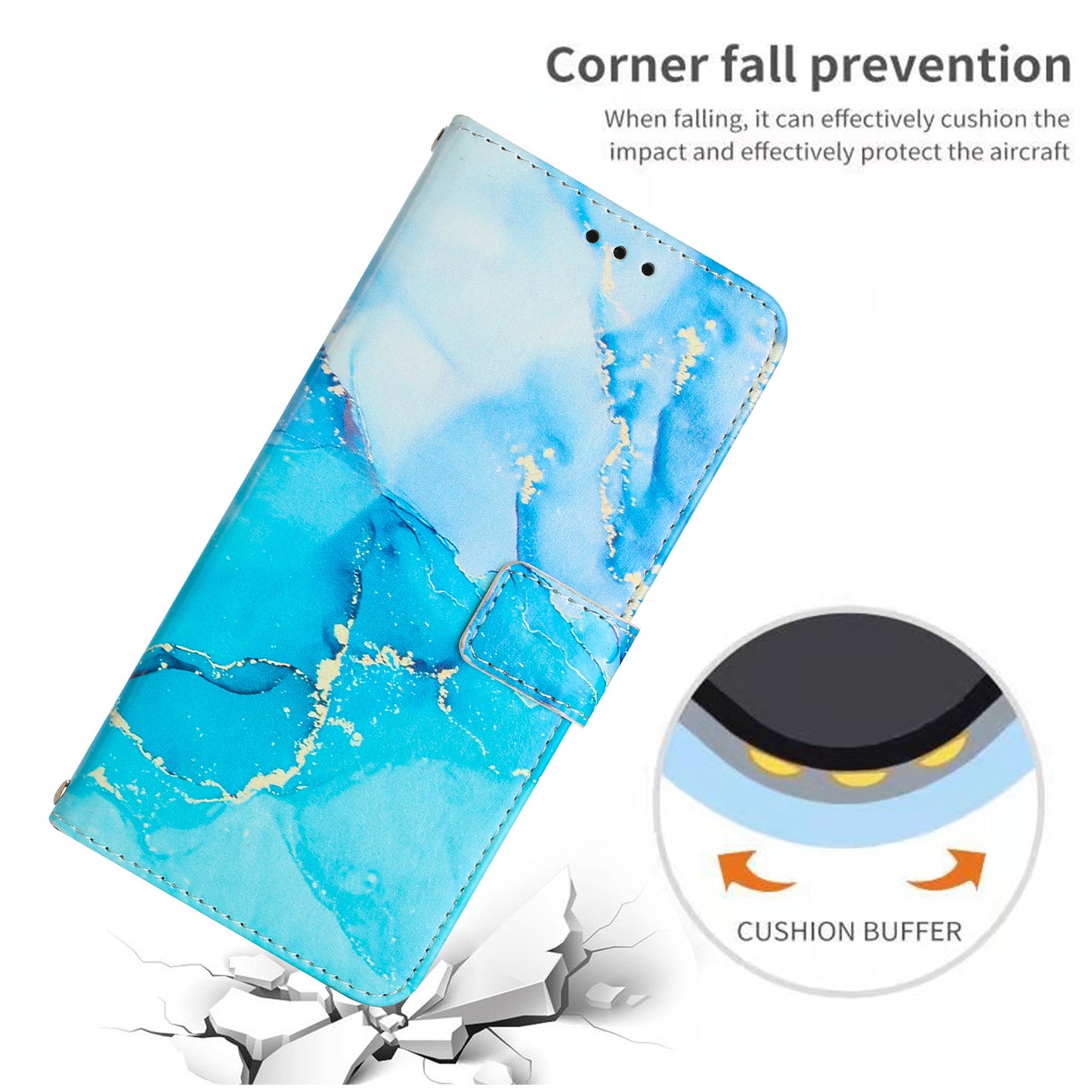Marble Pattern Leather Cover for Realme 11 5G , Flip Stand Wallet Phone Case with Wrist Strap - Blue / Green