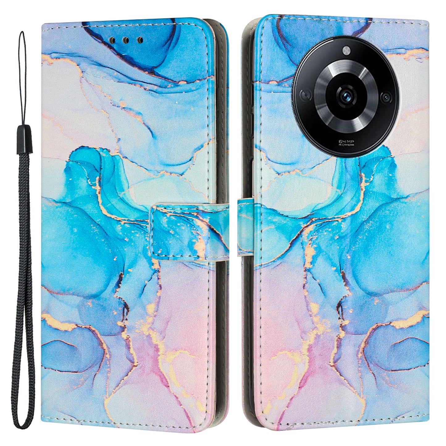 Marble Pattern Leather Cover for Realme 11 5G , Flip Stand Wallet Phone Case with Wrist Strap - Pink / Green