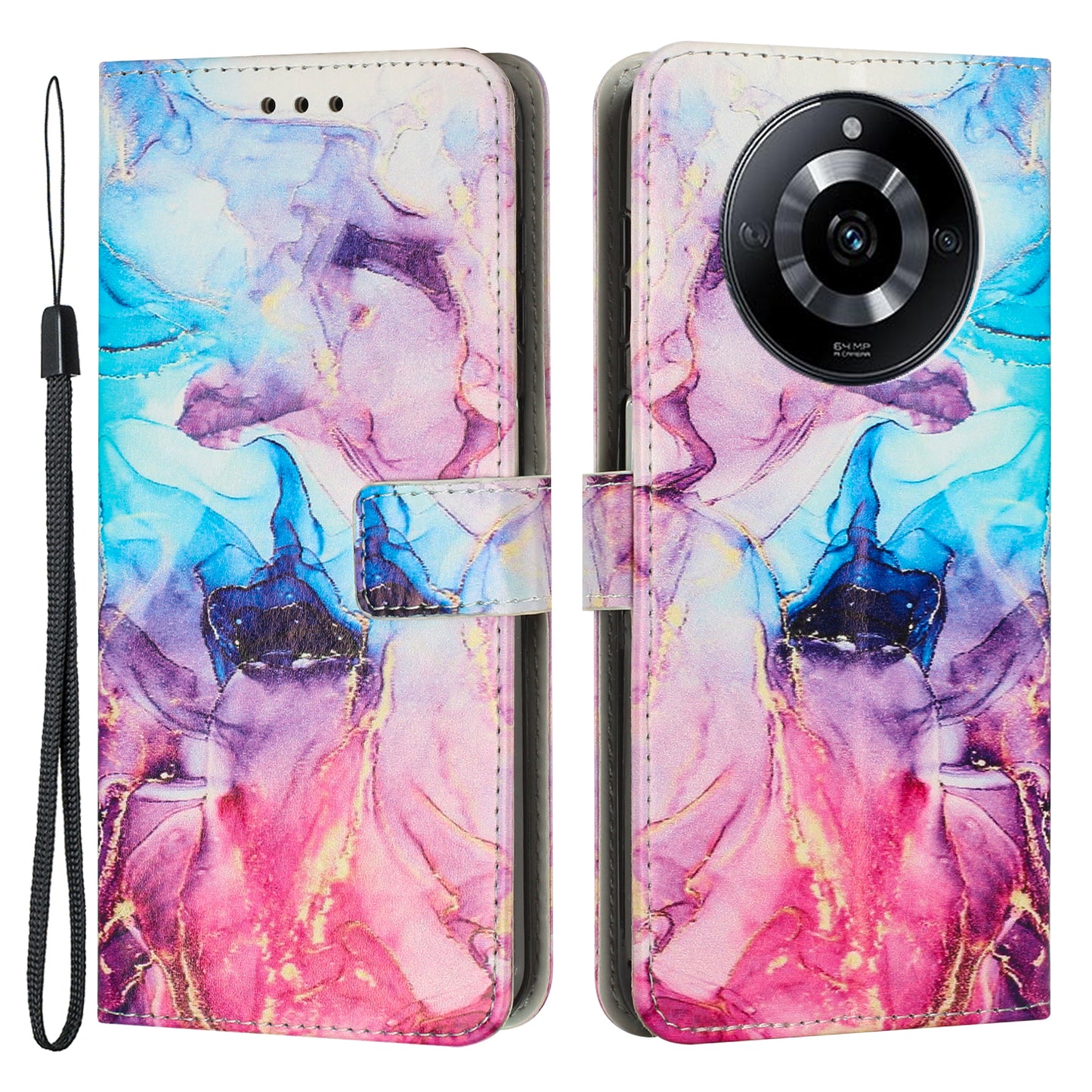 Marble Pattern Leather Cover for Realme 11 5G , Flip Stand Wallet Phone Case with Wrist Strap - Pink / Purple