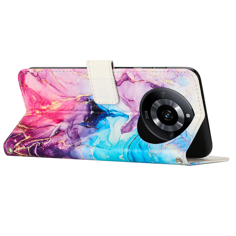 Marble Pattern Leather Cover for Realme 11 5G , Flip Stand Wallet Phone Case with Wrist Strap - Pink / Purple