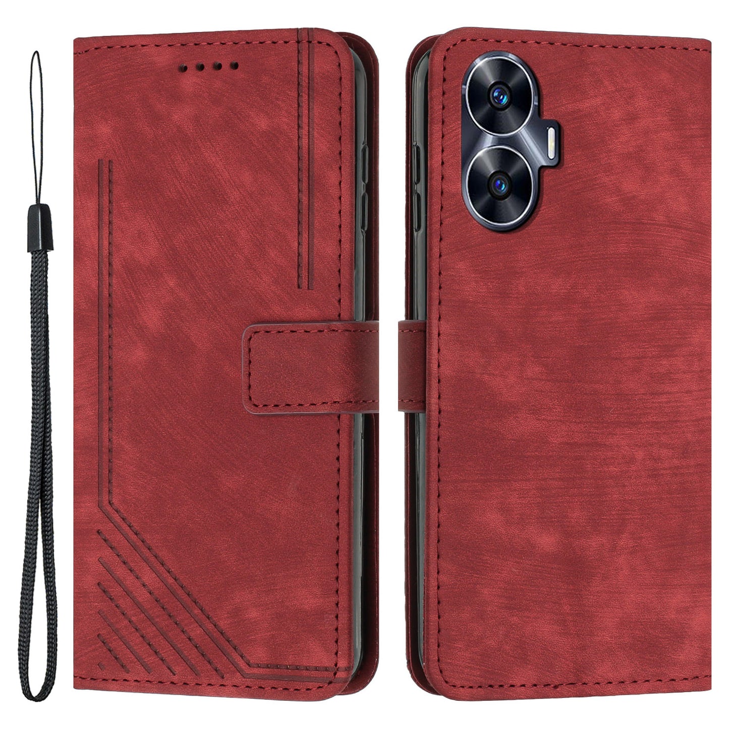 Imprinted Lines Stand Wallet Phone Case for Realme C55 , Skin-touch PU Leather Phone Cover - Red