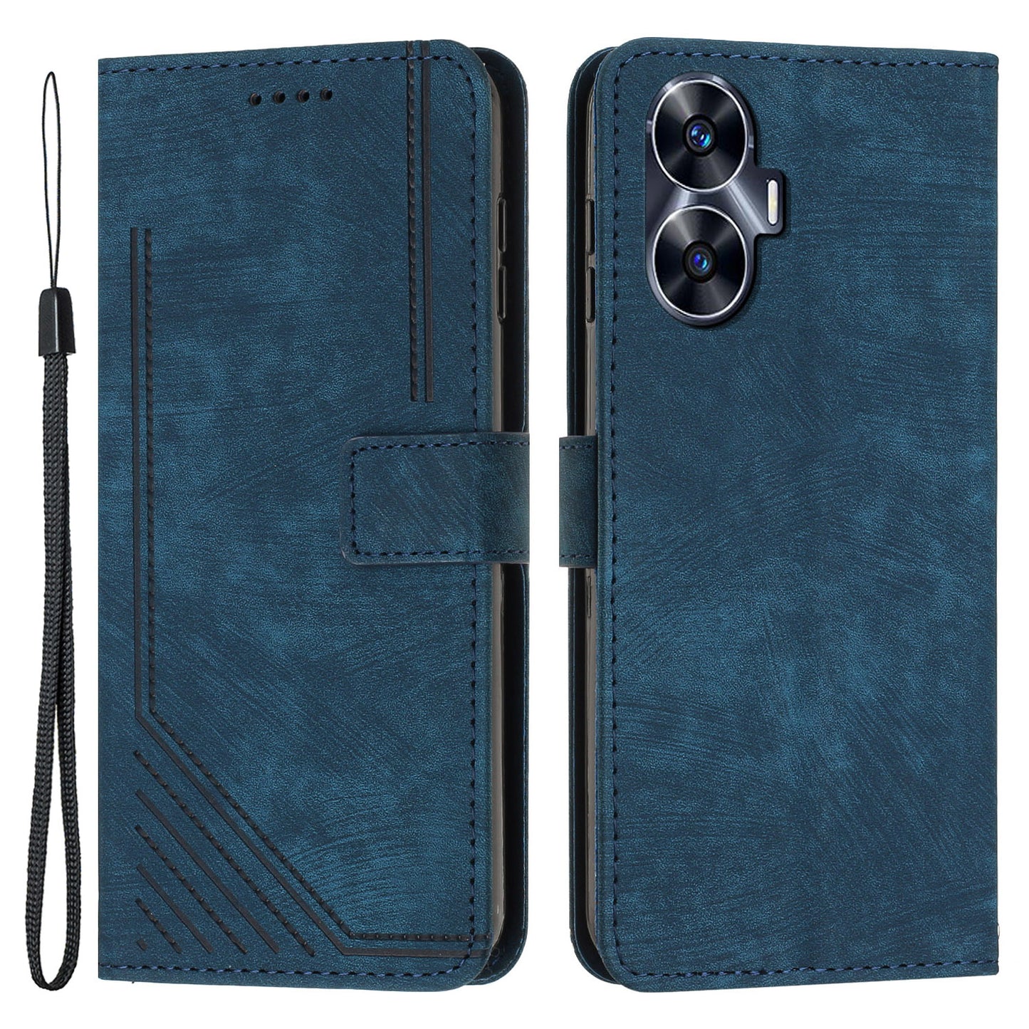Imprinted Lines Stand Wallet Phone Case for Realme C55 , Skin-touch PU Leather Phone Cover - Sapphire