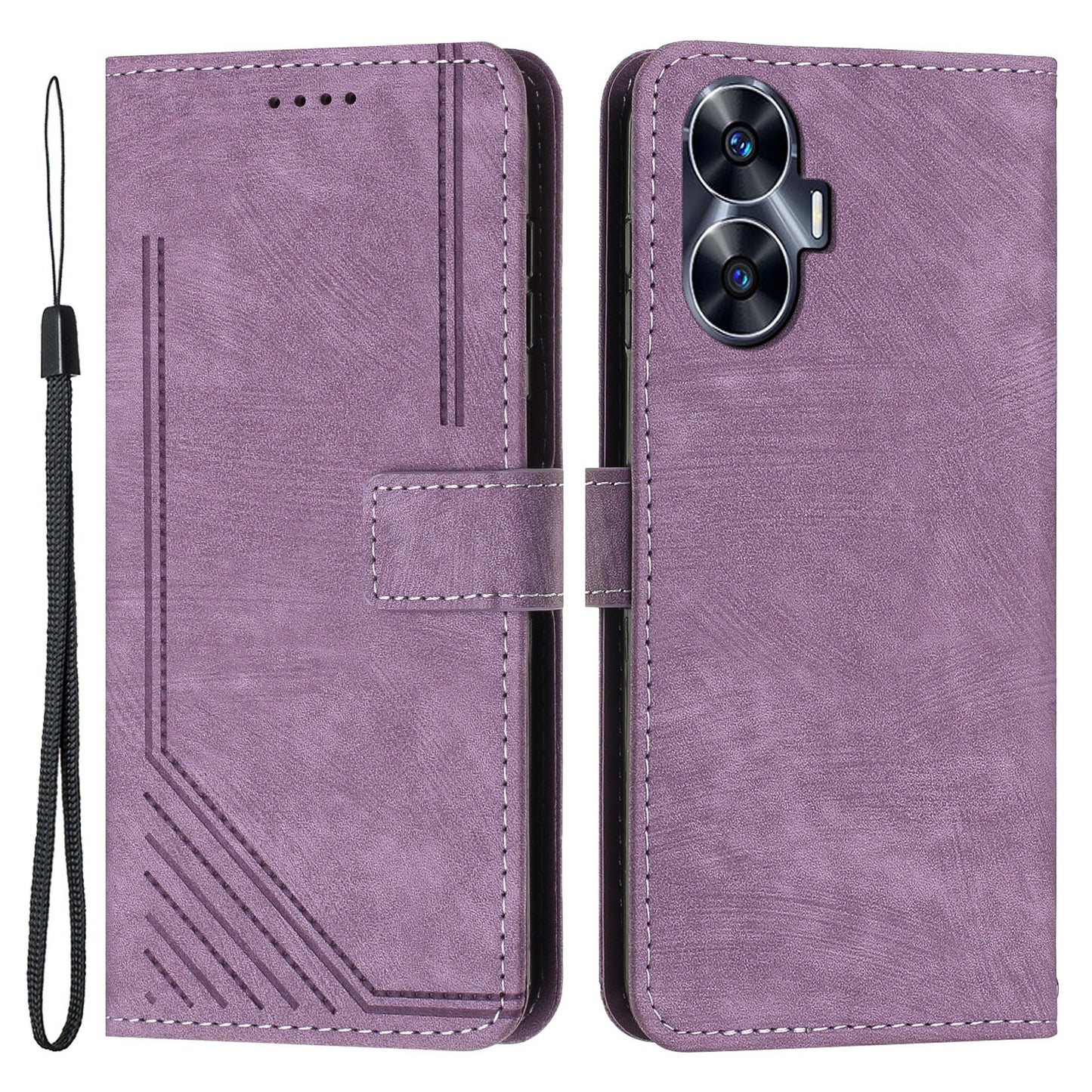 Imprinted Lines Stand Wallet Phone Case for Realme C55 , Skin-touch PU Leather Phone Cover - Purple