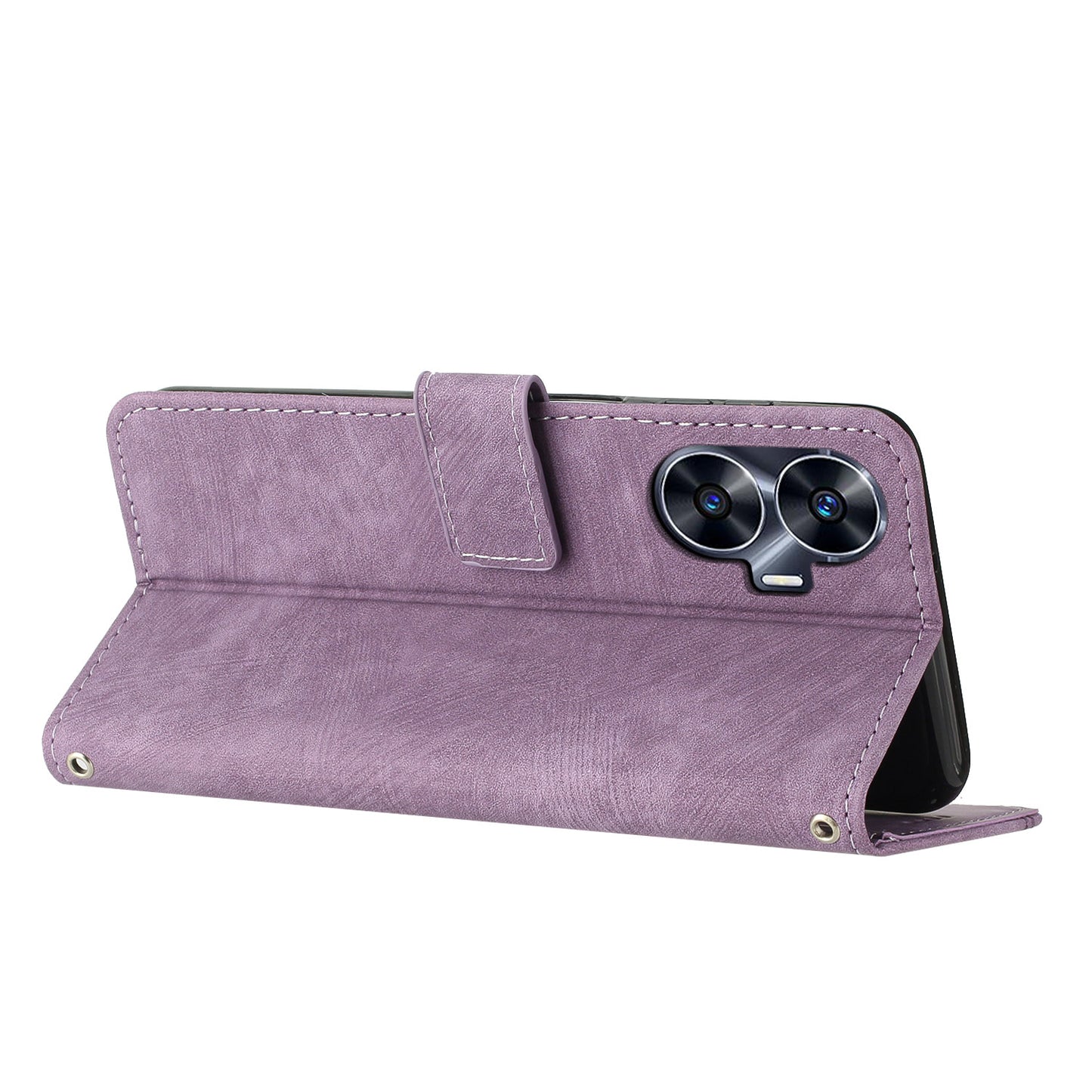 Imprinted Lines Stand Wallet Phone Case for Realme C55 , Skin-touch PU Leather Phone Cover - Purple