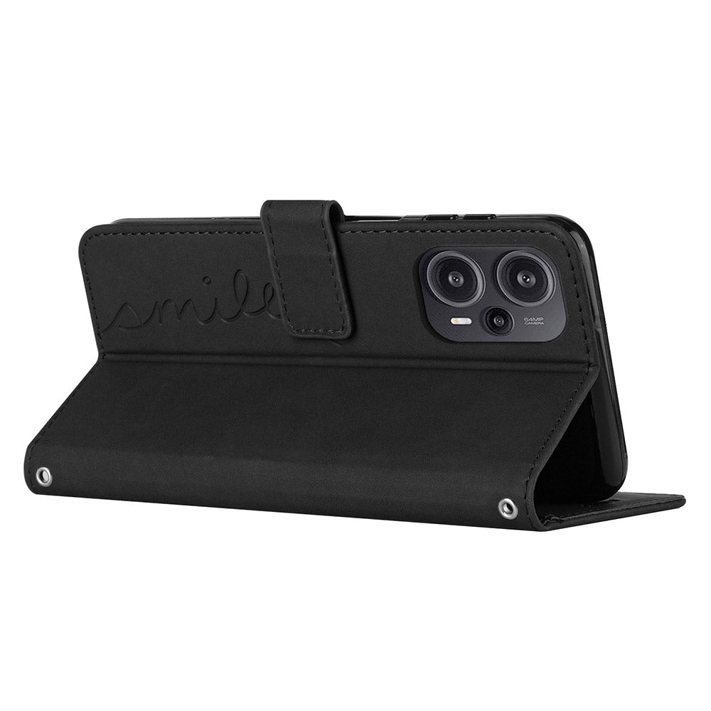 Wallet Case for Xiaomi Redmi Note 12 Turbo / Poco F5 5G , PU Leather Heart Shape Stand Phone Cover with Shoulder Strap - Black