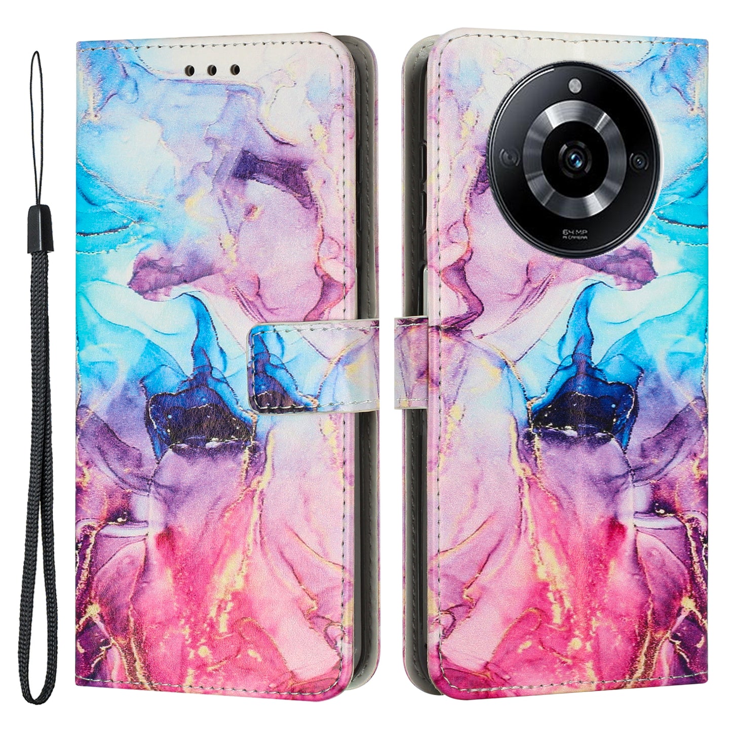 Uniqkart for Realme 11 Pro+ / 11 Pro 5G Marble Pattern Phone Case PU Leather Stand Wallet Cover with Strap - Pink / Purple