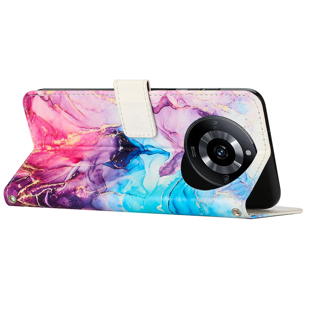 Uniqkart for Realme 11 Pro+ / 11 Pro 5G Marble Pattern Phone Case PU Leather Stand Wallet Cover with Strap - Pink / Purple