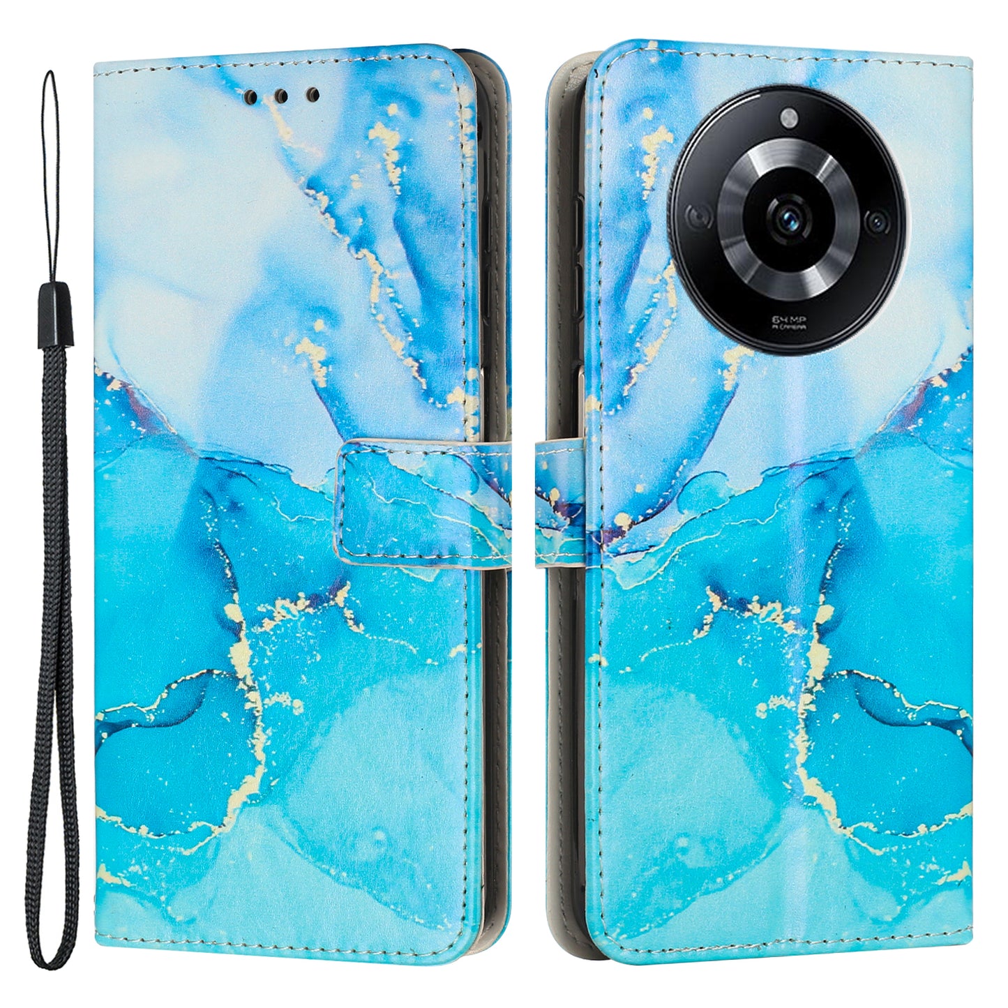 Uniqkart for Realme 11 Pro+ / 11 Pro 5G Marble Pattern Phone Case PU Leather Stand Wallet Cover with Strap - Blue / Green