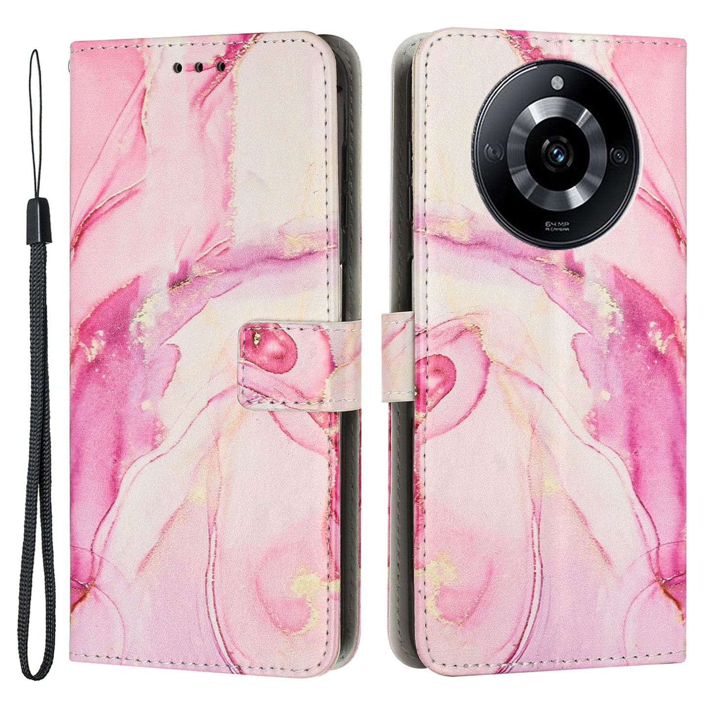 Uniqkart for Realme 11 Pro+ / 11 Pro 5G Marble Pattern Phone Case PU Leather Stand Wallet Cover with Strap - Rose Gold