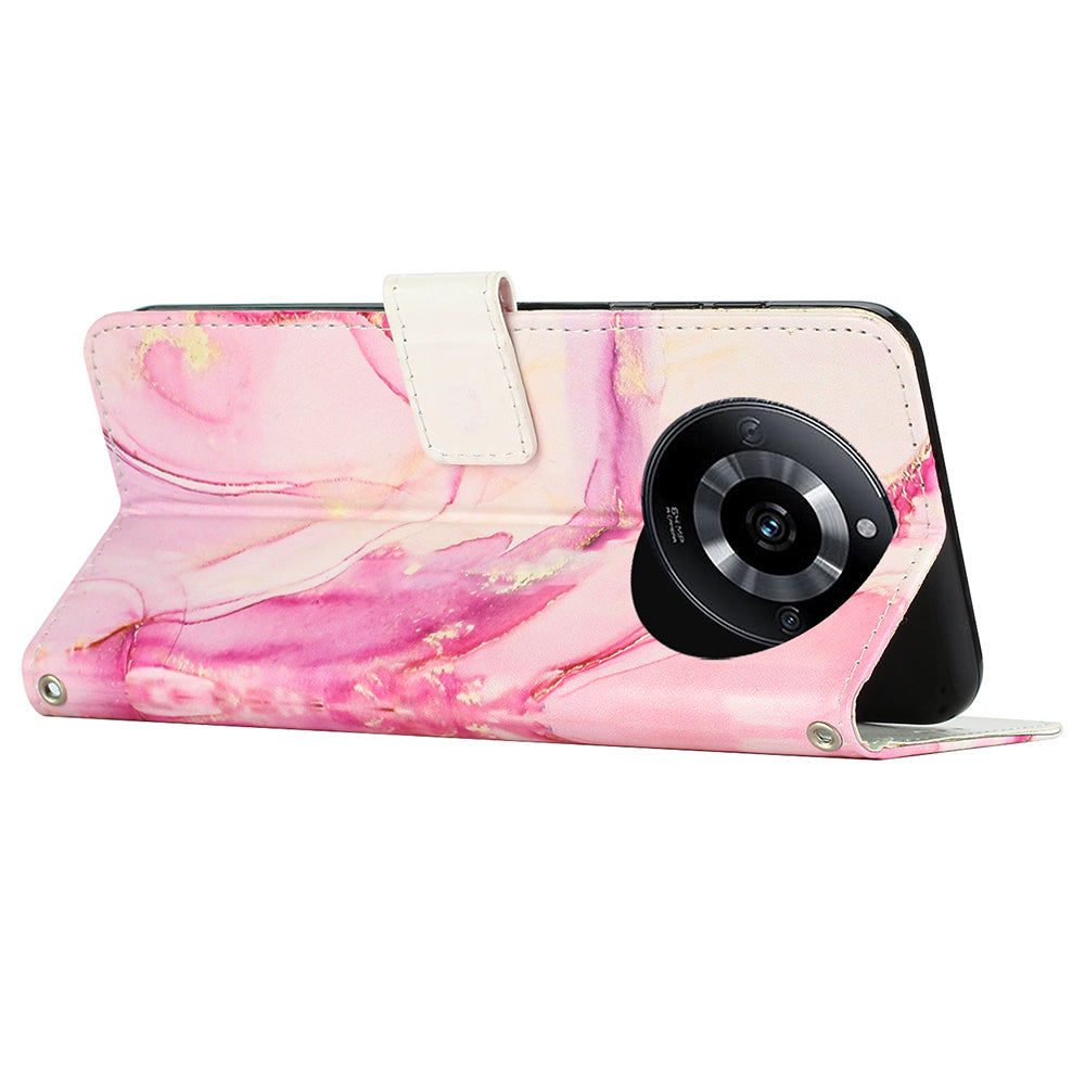Uniqkart for Realme 11 Pro+ / 11 Pro 5G Marble Pattern Phone Case PU Leather Stand Wallet Cover with Strap - Rose Gold