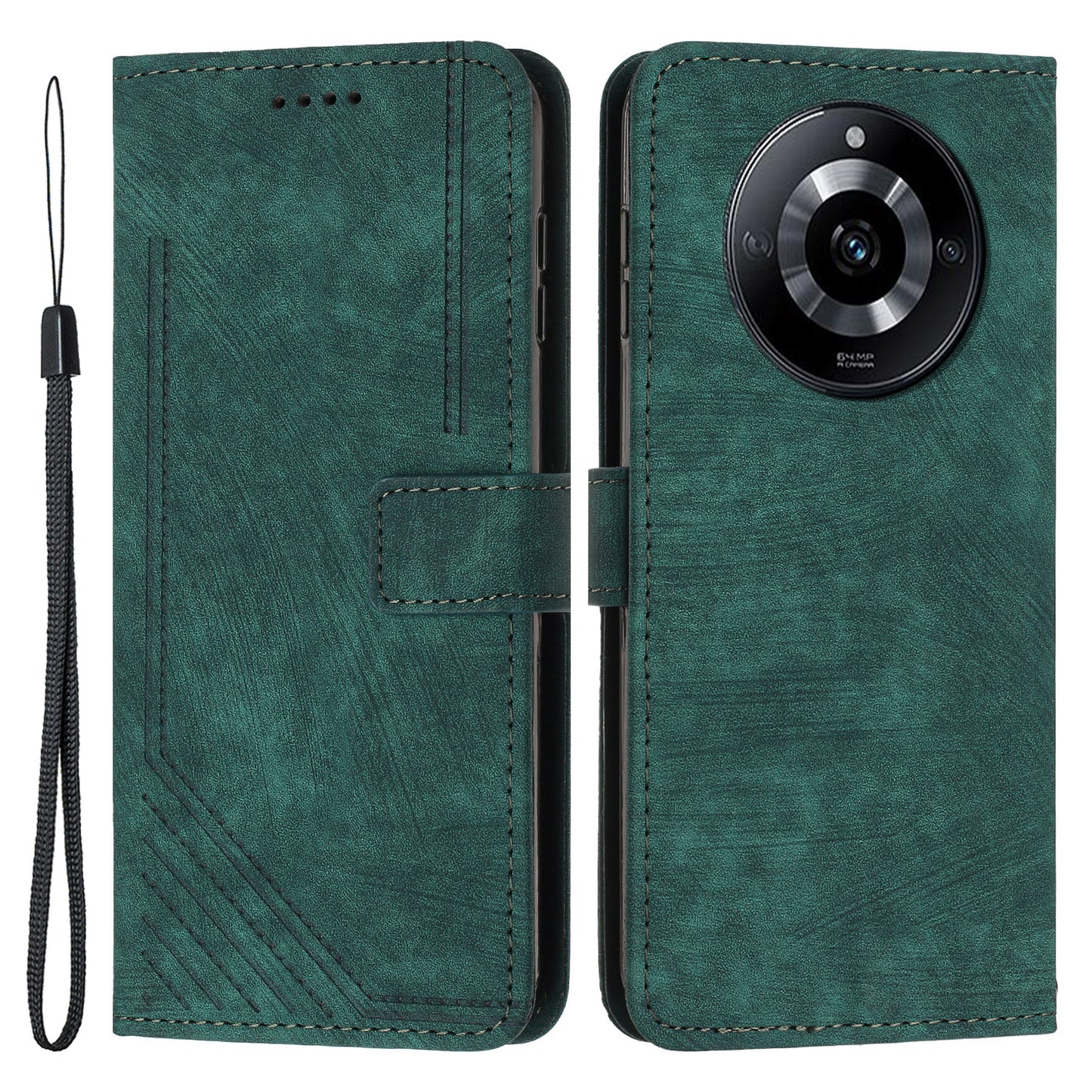 PU Leather Imprinted Lines Phone Case for Realme 11 5G , Skin-touch Stand Wallet Phone Cover - Green