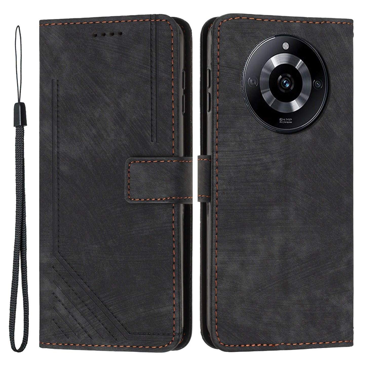 PU Leather Imprinted Lines Phone Case for Realme 11 5G , Skin-touch Stand Wallet Phone Cover - Black