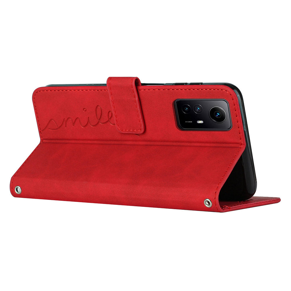 Uniqkart for Xiaomi Redmi Note 12S 4G Wallet Stand Leather Phone Case Heart Shape Phone Cover with Shoulder Strap - Red