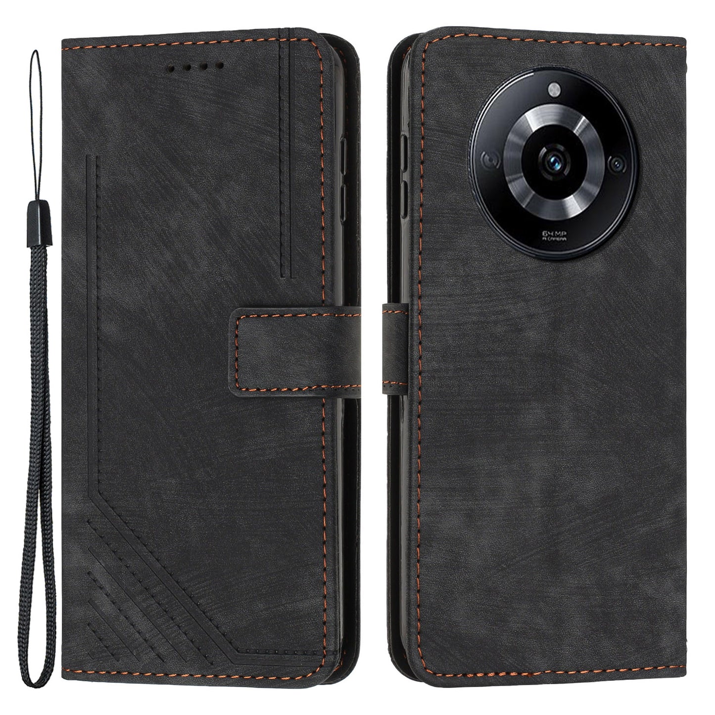 Uniqkart for Realme 11 Pro+ 5G / 11 Pro 5G Stand Wallet Leather Case Imprinted Lines Skin-touch Phone Cover - Black