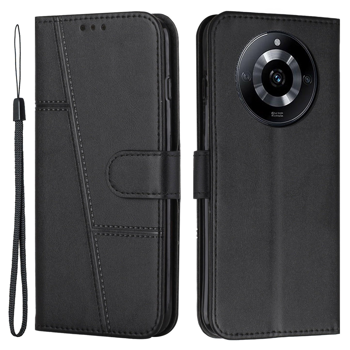 PU Leather Drop-proof Phone Case for Realme 11 5G , Wallet Stand Protective Phone Cover - Black