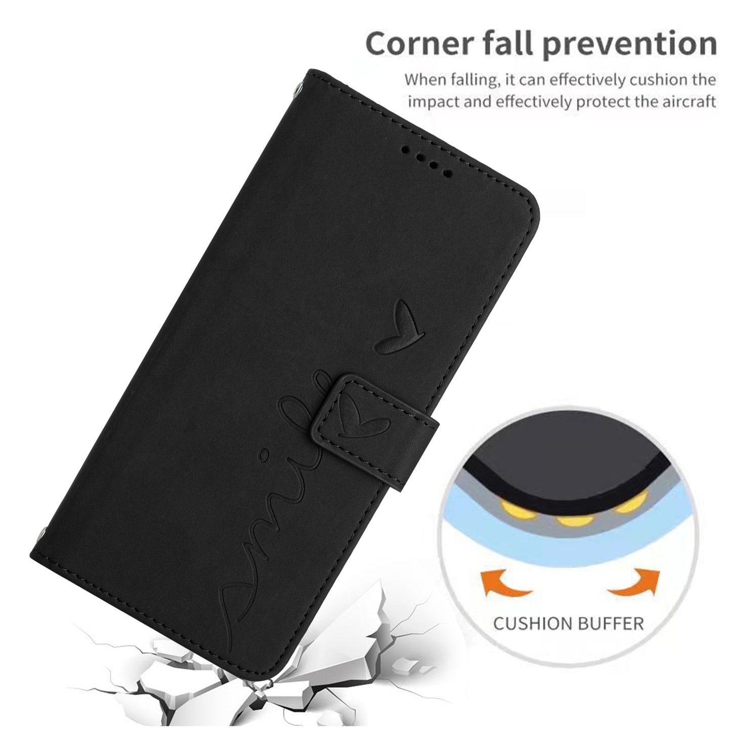 Heart Shape PU Leather Case for Realme C55 , Wallet Stand Phone Cover with Shoulder Strap - Black