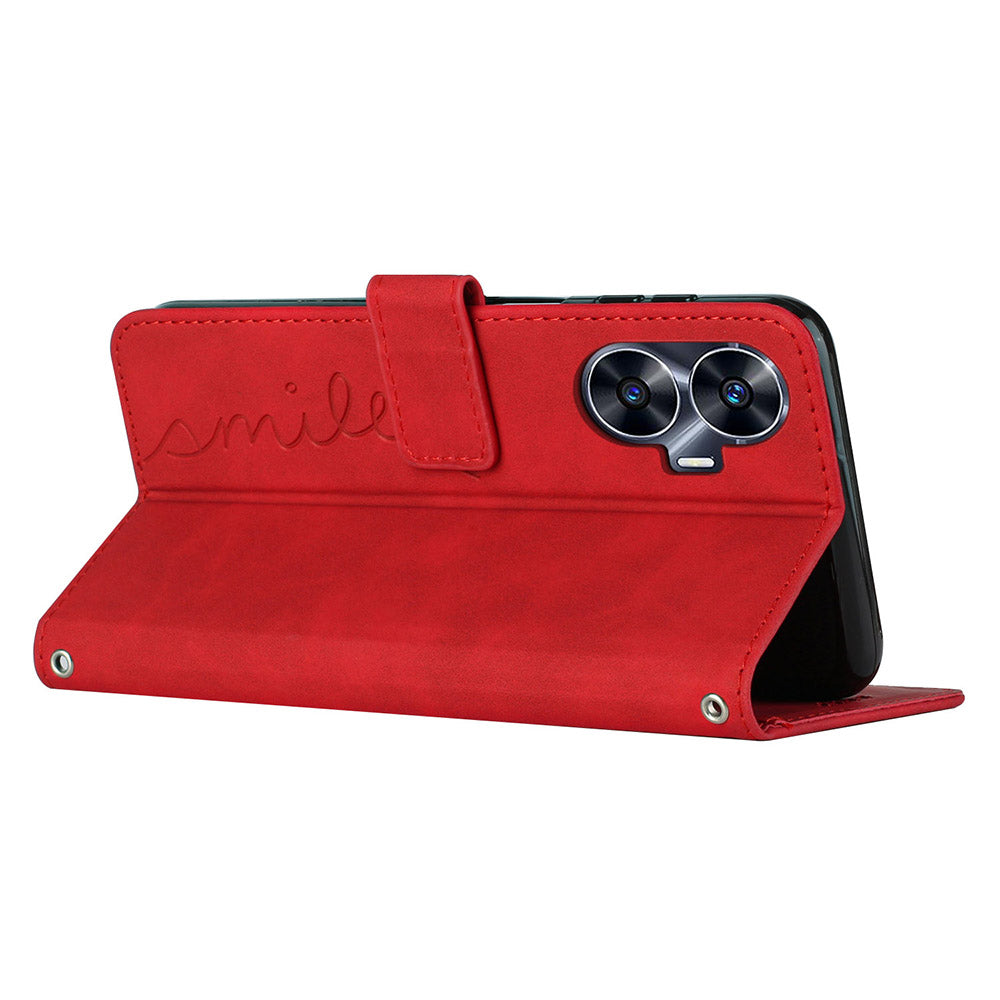 Heart Shape PU Leather Case for Realme C55 , Wallet Stand Phone Cover with Shoulder Strap - Red