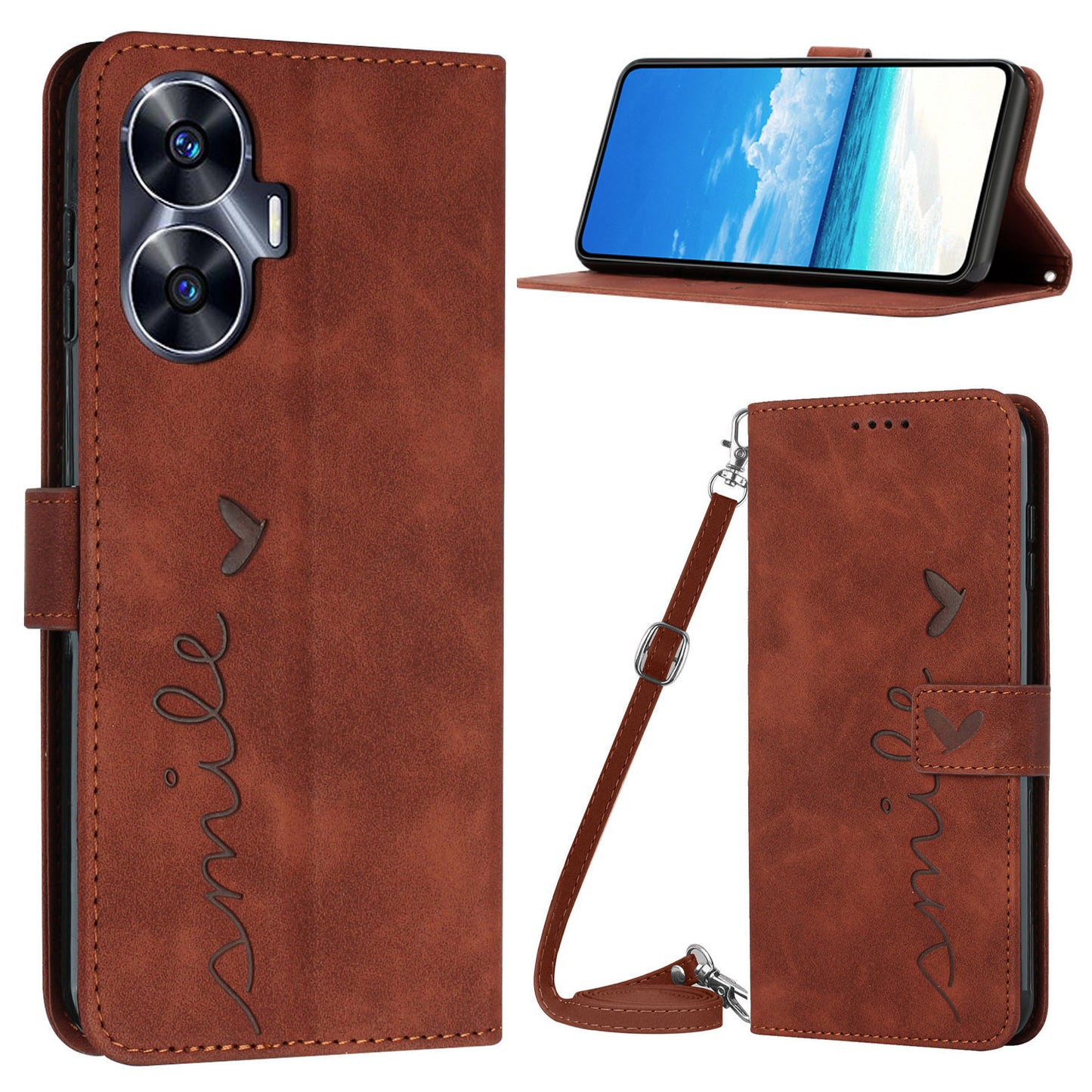 Heart Shape PU Leather Case for Realme C55 , Wallet Stand Phone Cover with Shoulder Strap - Brown