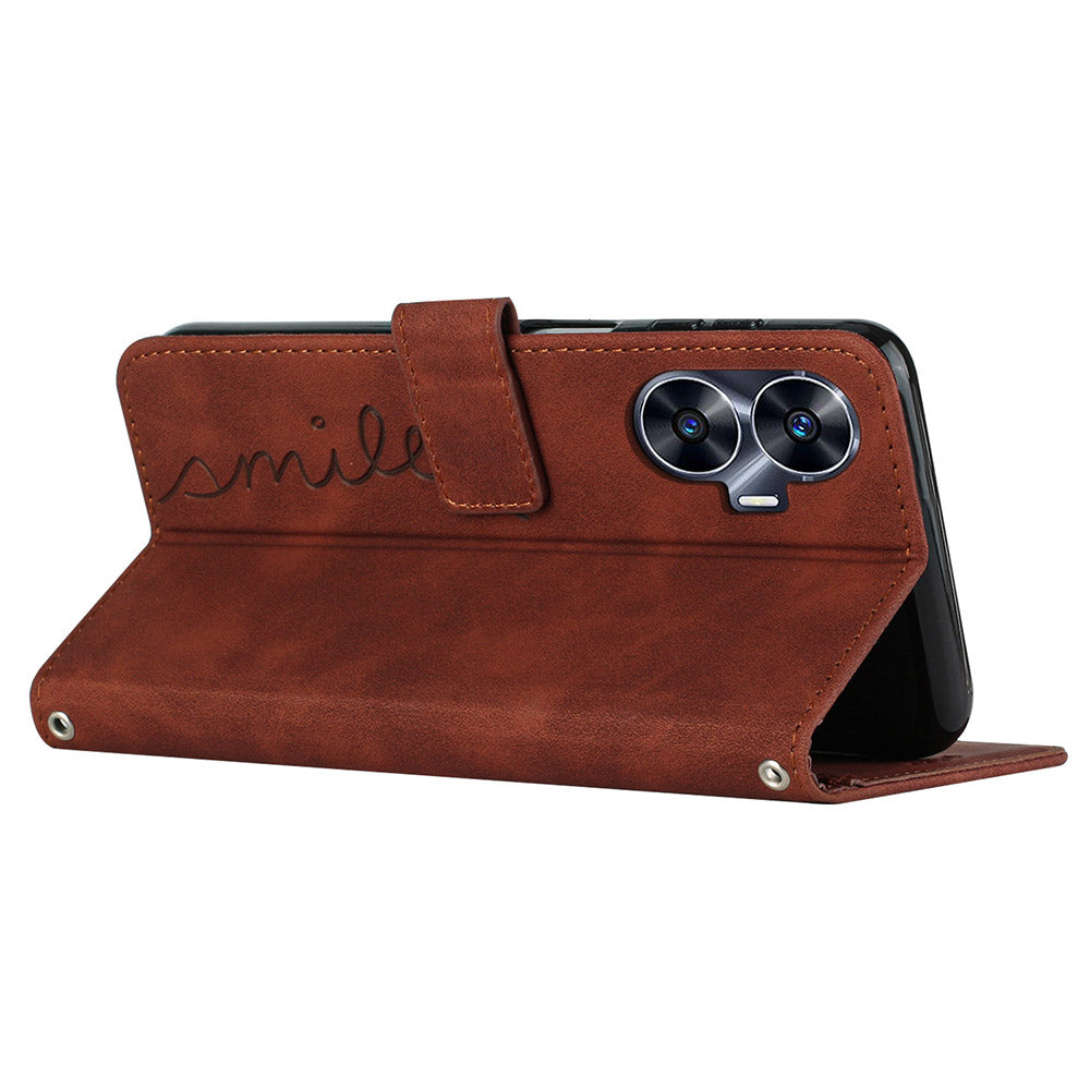 Heart Shape PU Leather Case for Realme C55 , Wallet Stand Phone Cover with Shoulder Strap - Brown