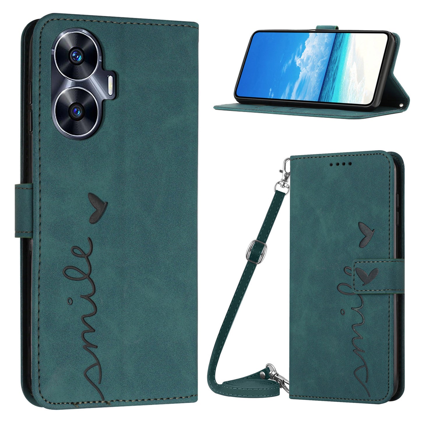 Heart Shape PU Leather Case for Realme C55 , Wallet Stand Phone Cover with Shoulder Strap - Green